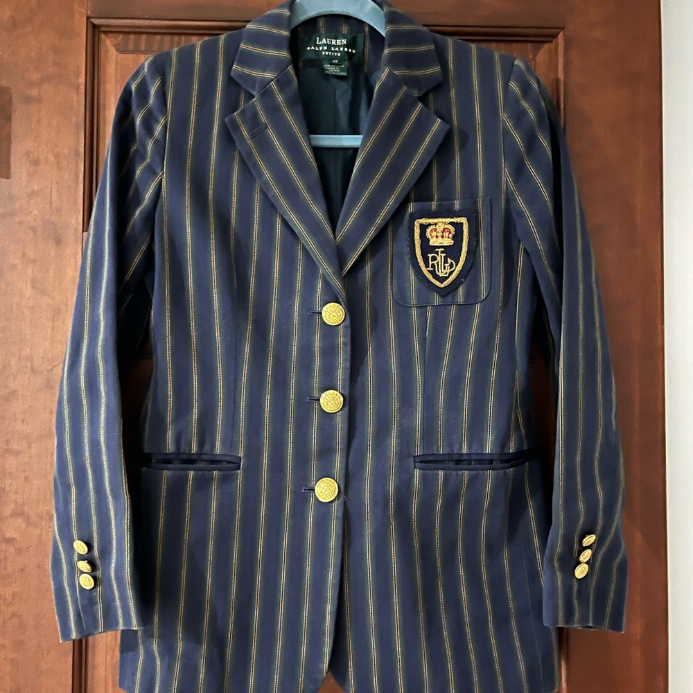 Lauren Ralph Lauren Navy and Gold Striped Puffy Crest University Jacket Blazer